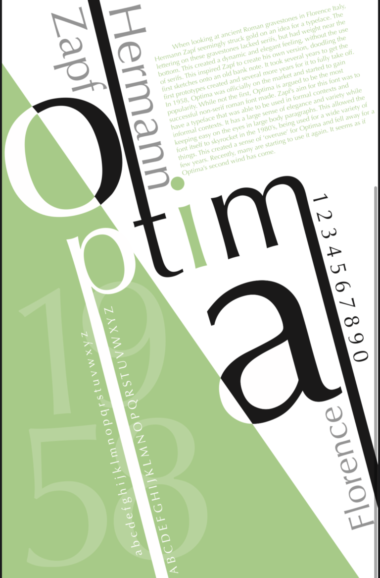 Optima branding with half green designs and letters stretched around the page
